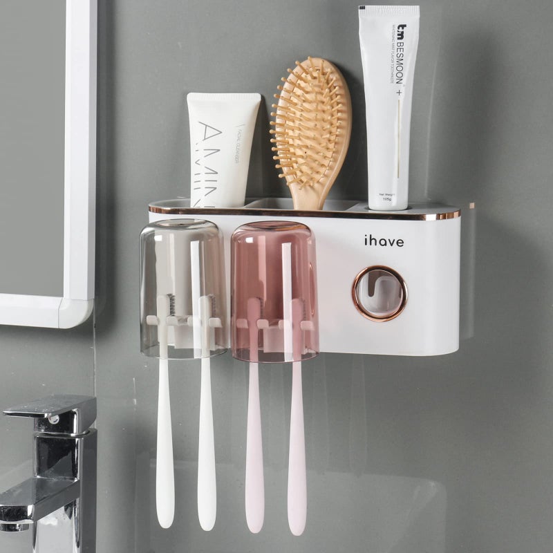 iHave Toothbrush Holders Bathroom Decor with Toothpaste Dispenser, 2 Cups Toothbrush Holder Wall Mounted Bathroom Accessories - Image 1