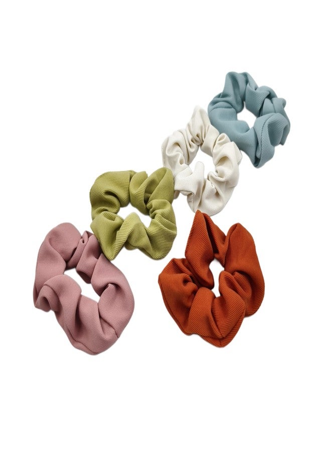 Fairytale Ribbed Hair Scrunchies Hair Rubber Bands Ponytail Holder Pastel Colours - Blue, White, Green, Pink, Rust. Pack Of 5 - Image 2
