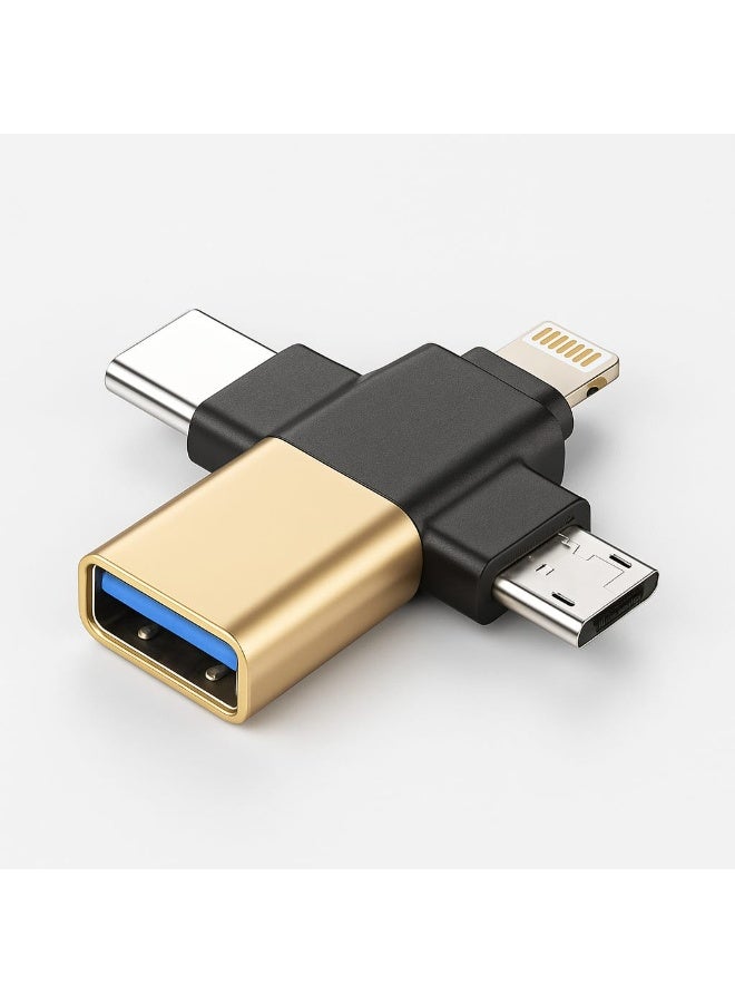 3-in-1 OTG Adapter USB 3.0 with Type-C, Micro USB & Lightning Ports for Flash Drive, Keyboard, Mouse, and Smartphone Connection