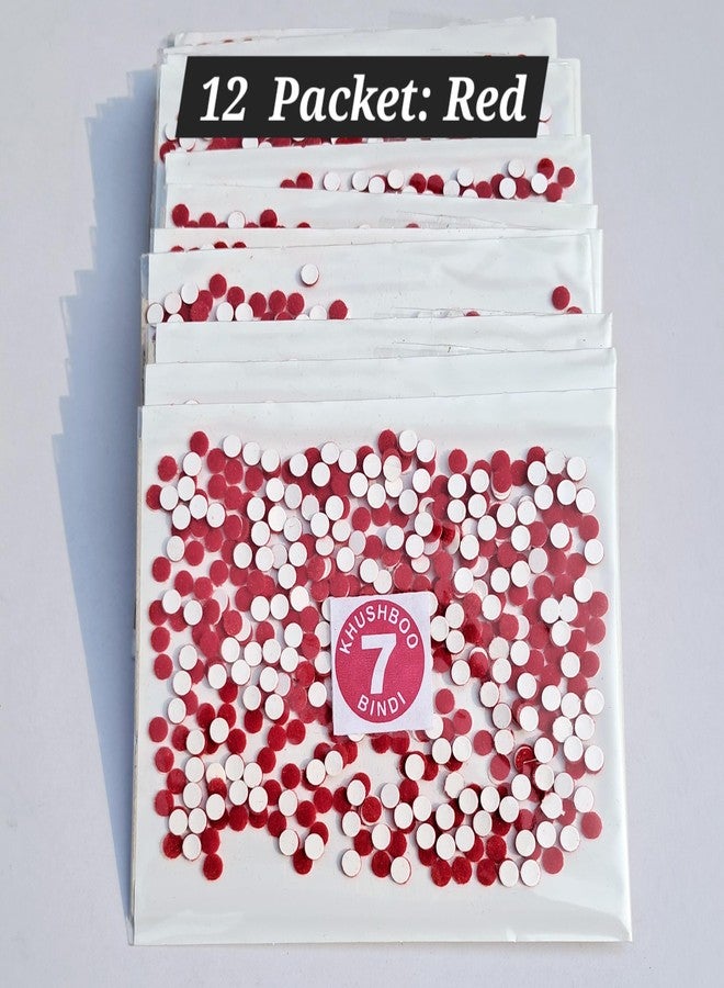 12 Packet, Simple Plain Red Bindi Velvet Vive Self-Adhesive Sticky Round Kumkum Bindi Bindiya for Women & Girls (12 Packet Red Bindis) - Image 1