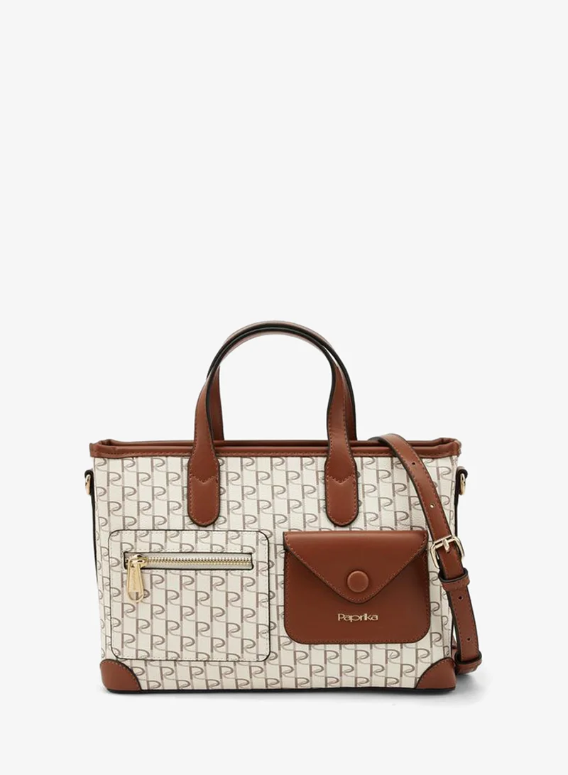 Paprika Monogram Print Tote Bag With Front Pockets