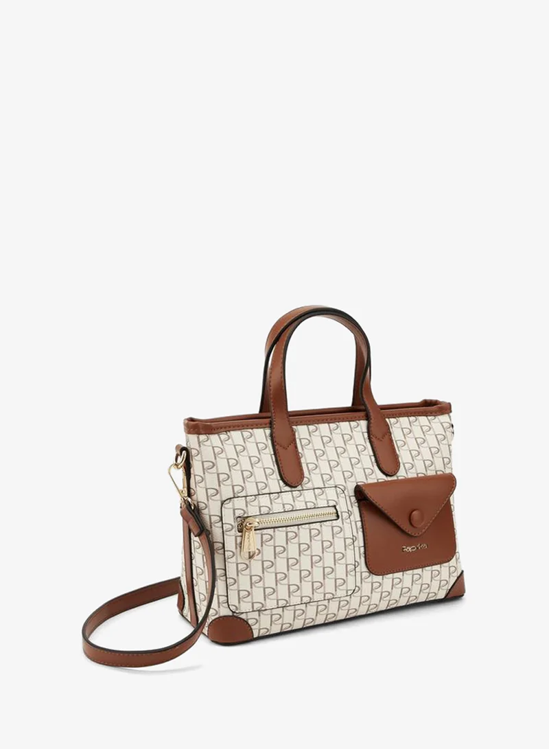 Paprika Monogram Print Tote Bag With Front Pockets