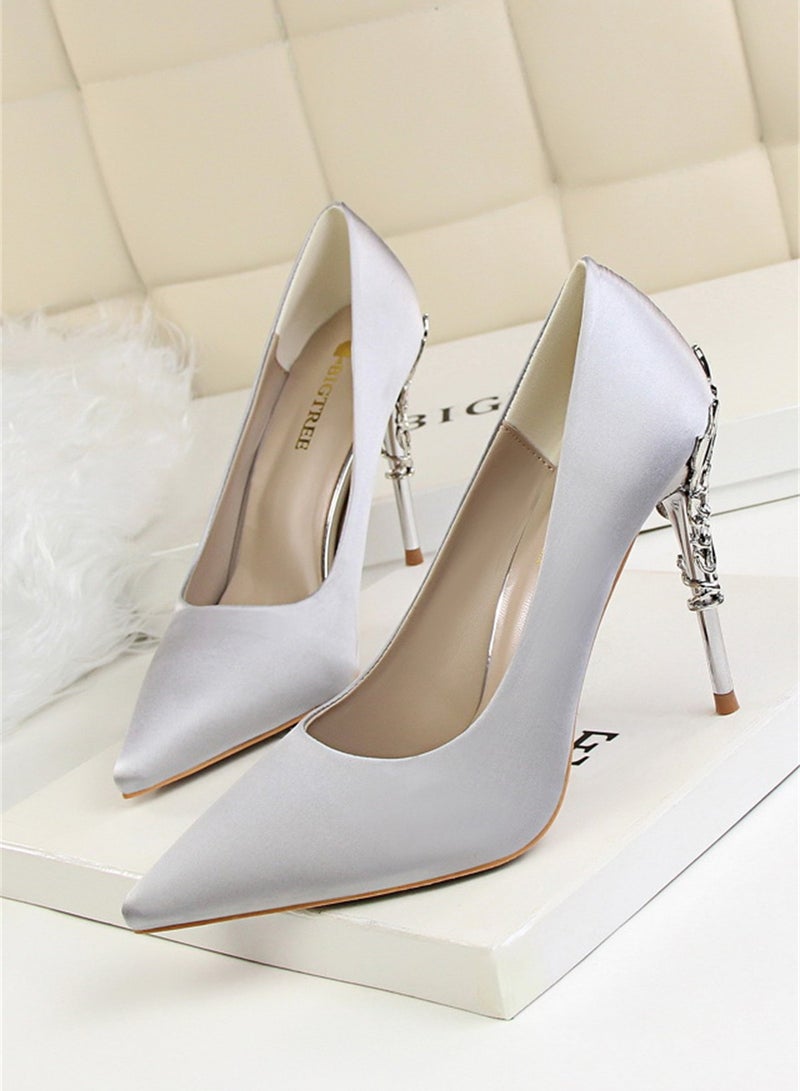 BIGTREE 10cm Stylish Metal Pumps With Slim Heels High heels Shallow-Cut Pointed Satin Pumps Silver - Image 1