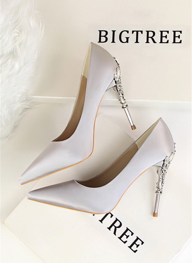 BIGTREE 10cm Stylish Metal Pumps With Slim Heels High heels Shallow-Cut Pointed Satin Pumps Silver - Image 2