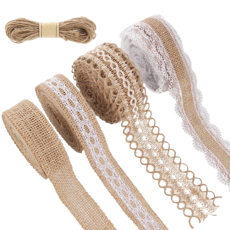 WILLBOND 4 Rolls Burlap Ribbon Lace Roll Crafts Ribbon with 32 Feet Twine Rope for Wedding Rustic Decoration DIY Handmade Crafts, 5.5 Yards for Each - Image 1