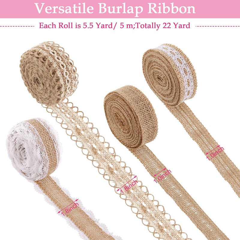 WILLBOND 4 Rolls Burlap Ribbon Lace Roll Crafts Ribbon with 32 Feet Twine Rope for Wedding Rustic Decoration DIY Handmade Crafts, 5.5 Yards for Each - Image 3