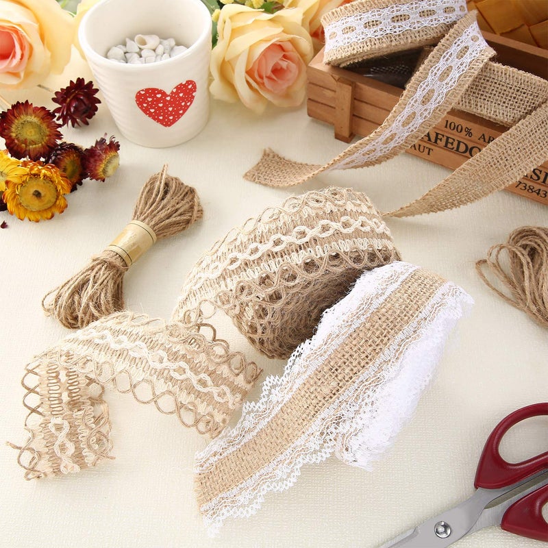 WILLBOND 4 Rolls Burlap Ribbon Lace Roll Crafts Ribbon with 32 Feet Twine Rope for Wedding Rustic Decoration DIY Handmade Crafts, 5.5 Yards for Each - Image 4