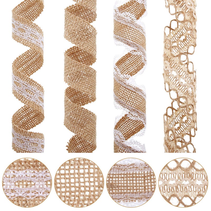 WILLBOND 4 Rolls Burlap Ribbon Lace Roll Crafts Ribbon with 32 Feet Twine Rope for Wedding Rustic Decoration DIY Handmade Crafts, 5.5 Yards for Each - Image 2