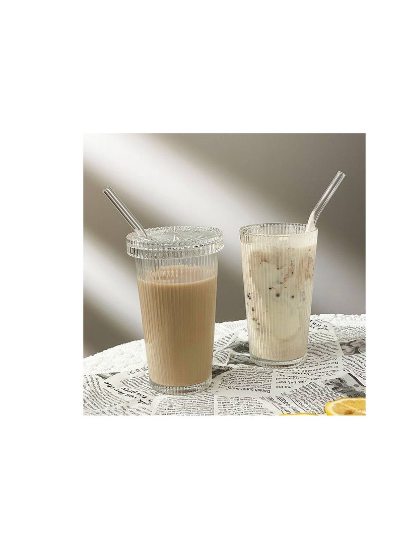 Generic - Set of 4 ribbed thermal glass mugs with lids and straws for cold and hot drinks, a stylish necessity - Image 1