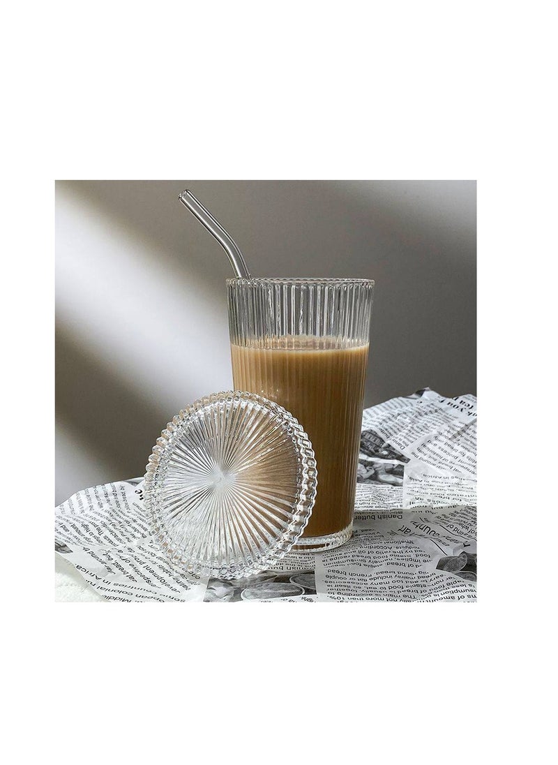 Generic - Set of 4 ribbed thermal glass mugs with lids and straws for cold and hot drinks, a stylish necessity - Image 1