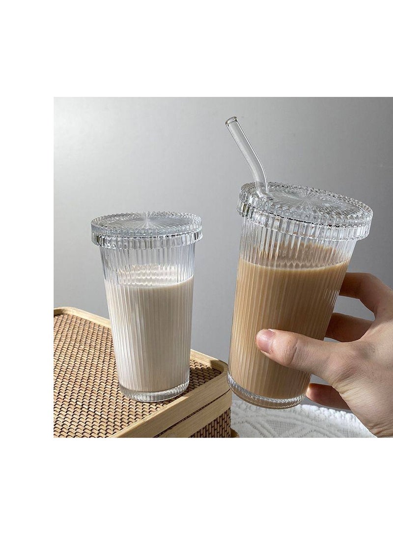 Generic - Set of 4 ribbed thermal glass mugs with lids and straws for cold and hot drinks, a stylish necessity - Image 1