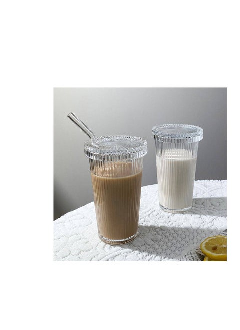 Set of 4 ribbed thermal glass mugs with lids and straws for cold and hot drinks, a stylish necessity
