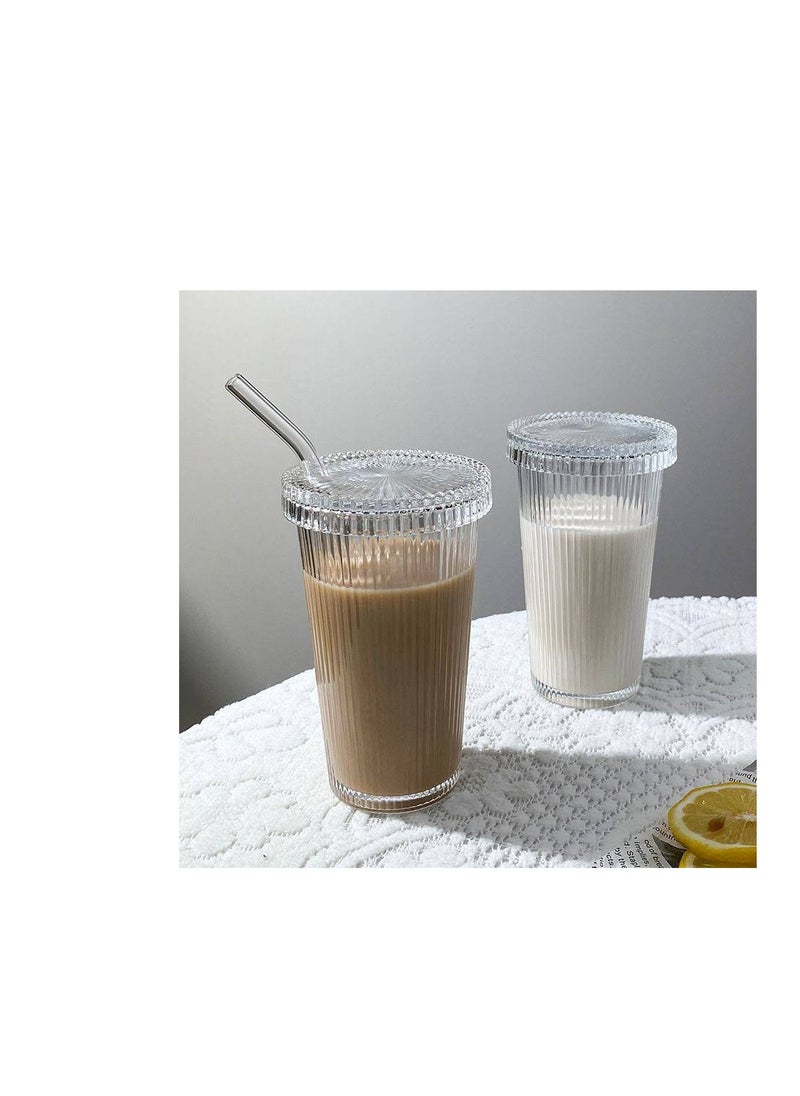 Generic - Set of 4 ribbed thermal glass mugs with lids and straws for cold and hot drinks, a stylish necessity - Image 1