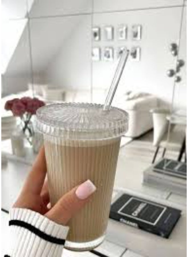 Set of 4 ribbed thermal glass mugs with lids and straws for cold and hot drinks, a stylish necessity