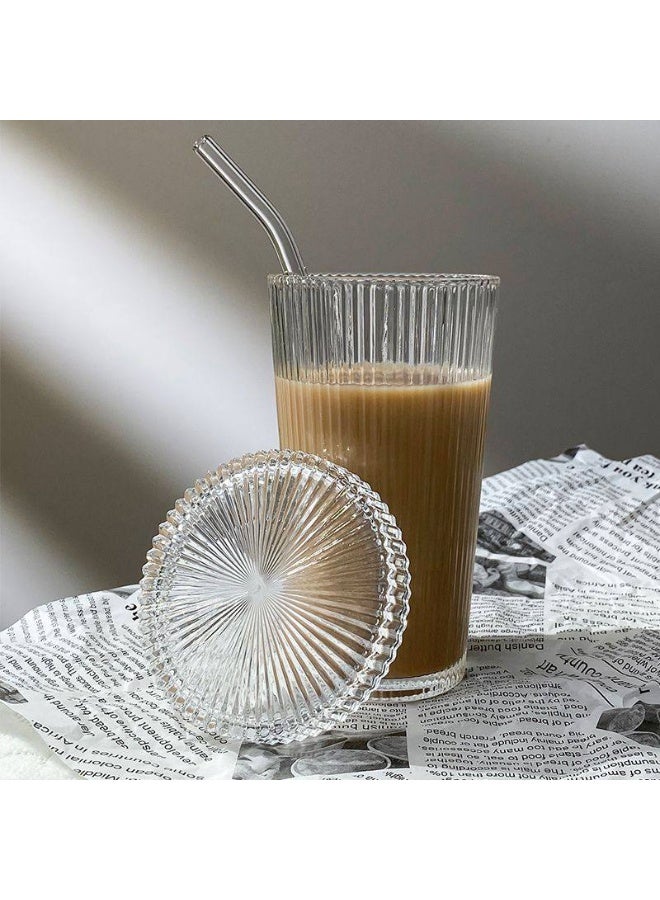 Set of 4 ribbed thermal glass mugs with lids and straws for cold and hot drinks, a stylish necessity