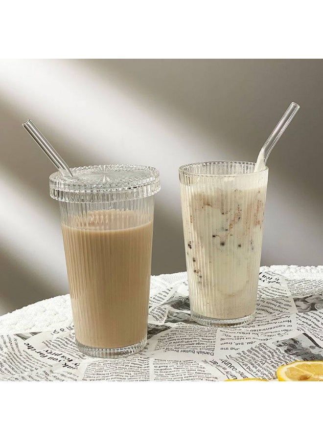 Set of 4 ribbed thermal glass mugs with lids and straws for cold and hot drinks, a stylish necessity