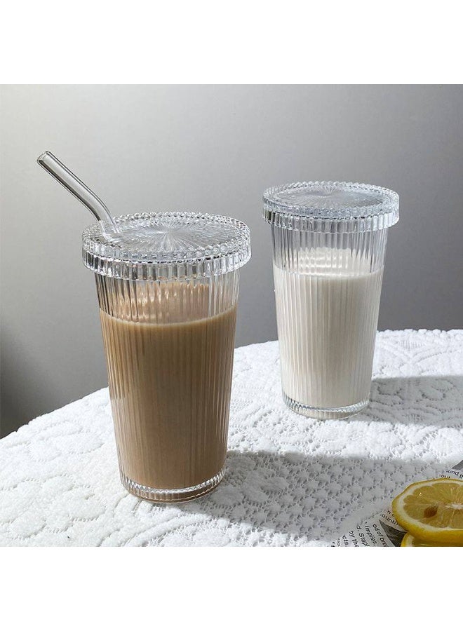 Set of 4 ribbed thermal glass mugs with lids and straws for cold and hot drinks, a stylish necessity