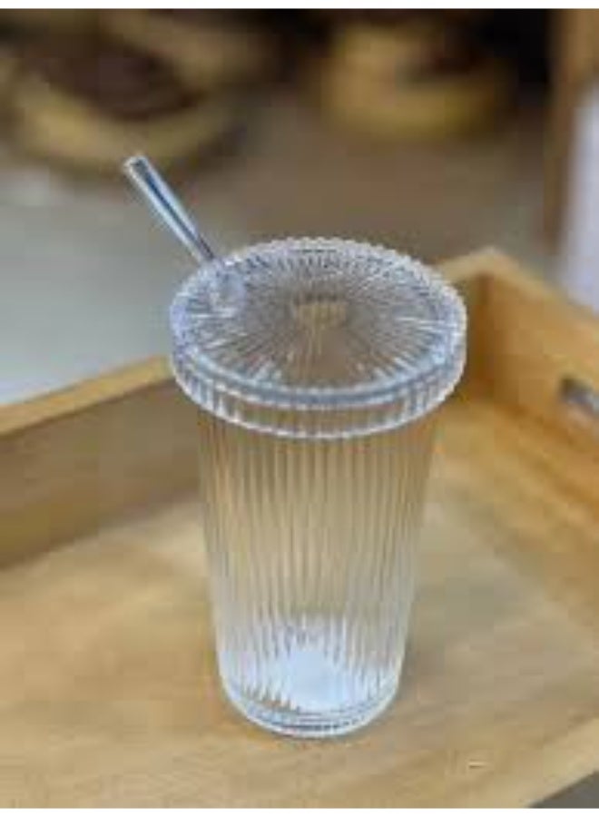 Set of 4 ribbed thermal glass mugs with lids and straws for cold and hot drinks, a stylish necessity