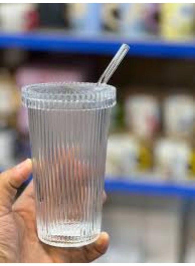 Set of 4 ribbed thermal glass mugs with lids and straws for cold and hot drinks, a stylish necessity