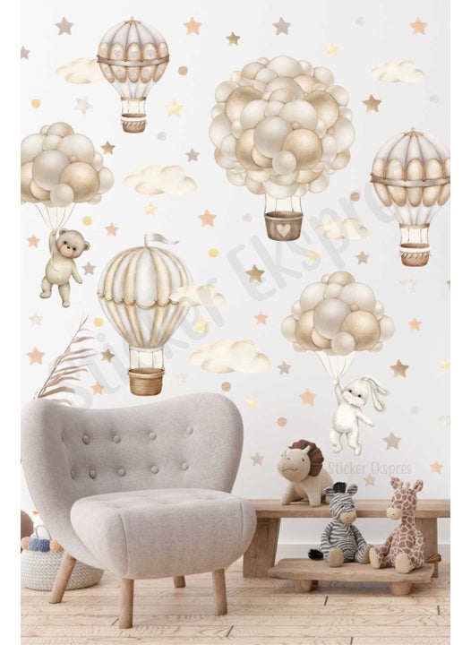 Sticker Express Soft Flying Balloon Adventure in Brown Beige Tones Kids Room Wall Sticker Set