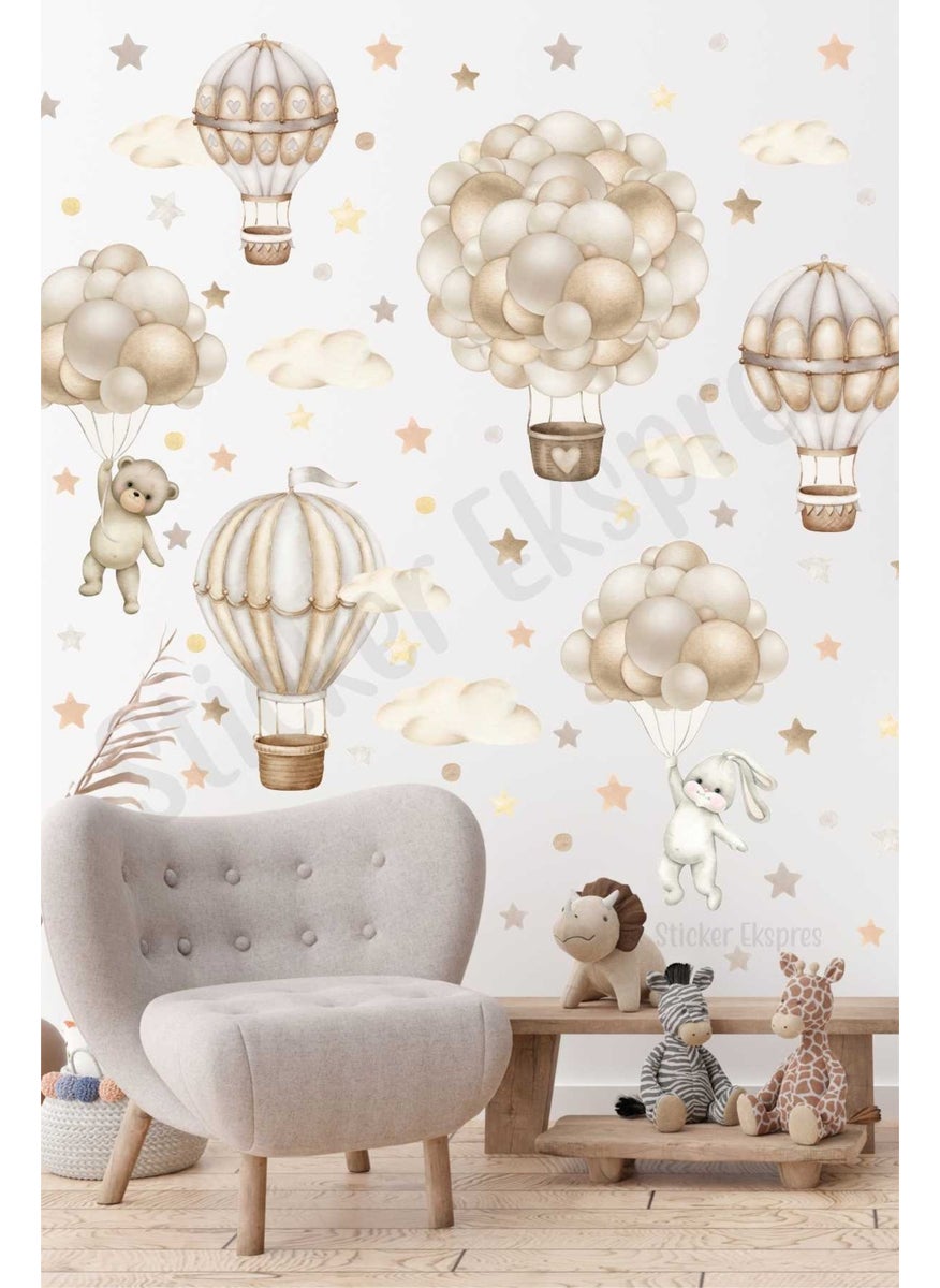 Sticker Ekspres - Sticker Express Soft Flying Balloon Adventure in Brown Beige Tones Kids Room Wall Sticker Set - Image 1