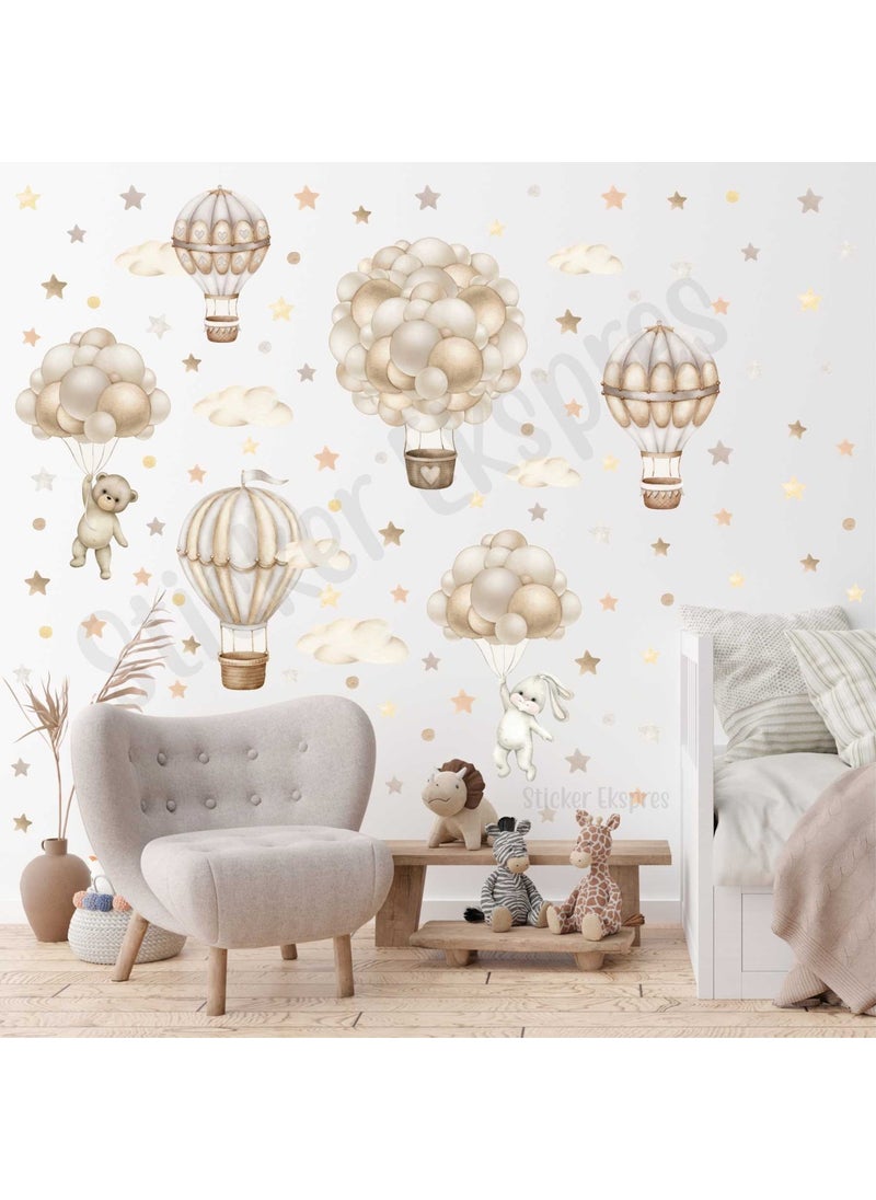 Sticker Ekspres - Sticker Express Soft Flying Balloon Adventure in Brown Beige Tones Kids Room Wall Sticker Set - Image 1