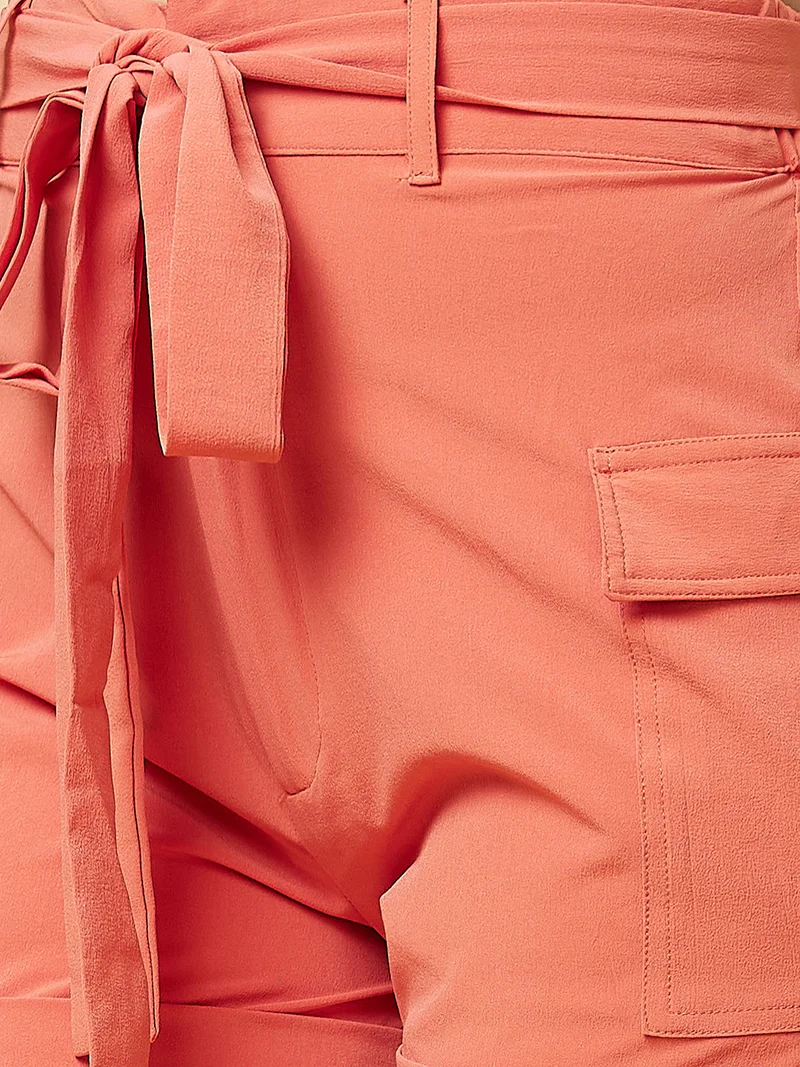 globus Women Peach Solid Casual Co-Ord Set With Twisted Shirt Style Top & Cargo Shorts
