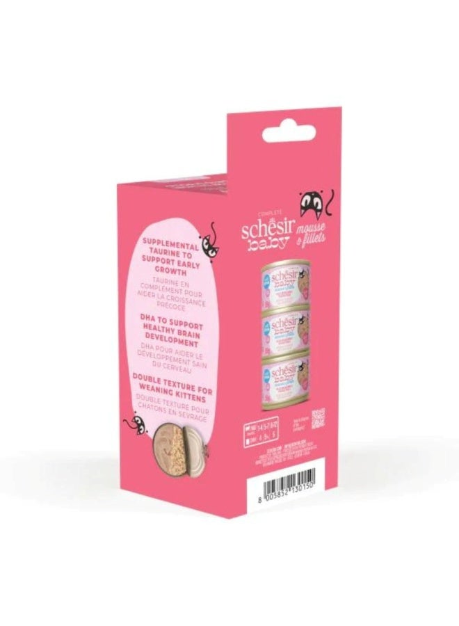 Schesir Baby Cat Can Multipack Mousse & Fillets - Chicken With Salmon & Chicken Liver 165g (3 Cans x55g) - Image 1
