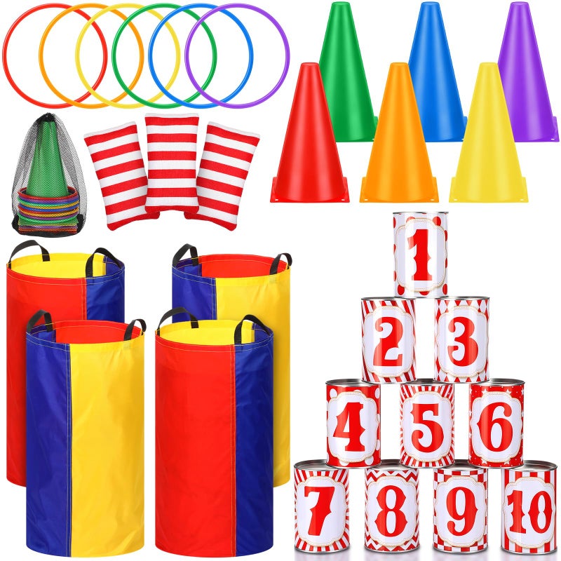 PullCrease 34 Pcs Carnival Play Set 5 in 1 Carnival Can Soft Plastic Cones Ring Toss Sport Bean Bag Toss Lawn Party Outdoor Supplies Birthday Party Backyard Events Summer - Image 2