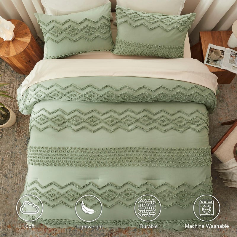 Luxudecor Sage Green Tufted Comforter Set Queen Size 3 Pieces Boho Shabby Chic Comforter Farmhouse Embroidery Bedding Set Soft Comforter for All Seasons (Sage Green, 90''x90'') - Image 4