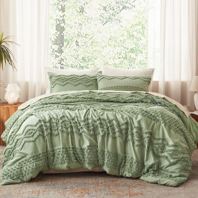 Luxudecor Sage Green Tufted Comforter Set Queen Size 3 Pieces Boho Shabby Chic Comforter Farmhouse Embroidery Bedding Set Soft Comforter for All Seasons (Sage Green, 90''x90'') - Image 2