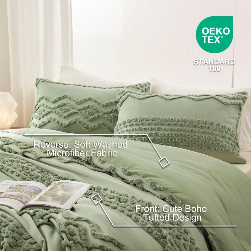 Luxudecor Sage Green Tufted Comforter Set Queen Size 3 Pieces Boho Shabby Chic Comforter Farmhouse Embroidery Bedding Set Soft Comforter for All Seasons (Sage Green, 90''x90'') - Image 5