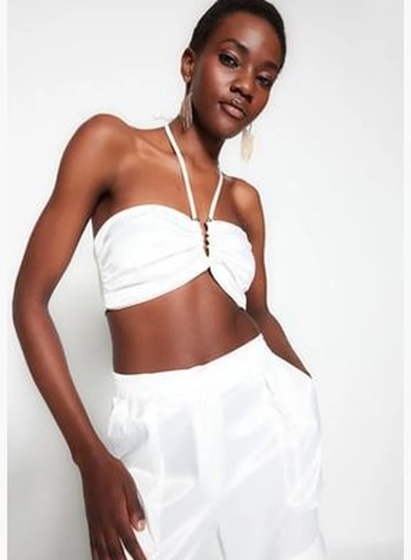 trendyol Ecru Crop Lined Woven Accessorie Satin Bustier TPRSS23BS00024