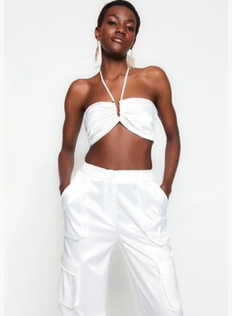 trendyol Ecru Crop Lined Woven Accessorie Satin Bustier TPRSS23BS00024