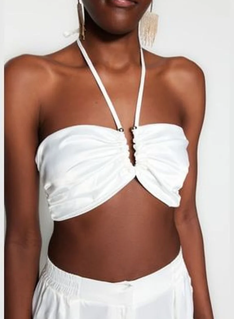 trendyol Ecru Crop Lined Woven Accessorie Satin Bustier TPRSS23BS00024