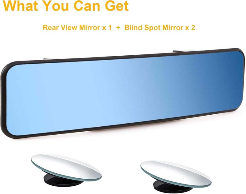 Kitbest Universal 114 Inch Clip On Rearview Mirror  Anti Glare Wide Angle  Convex  Blue Tint Bonus 2 PCS Blind Spot Mirrors - Image 2