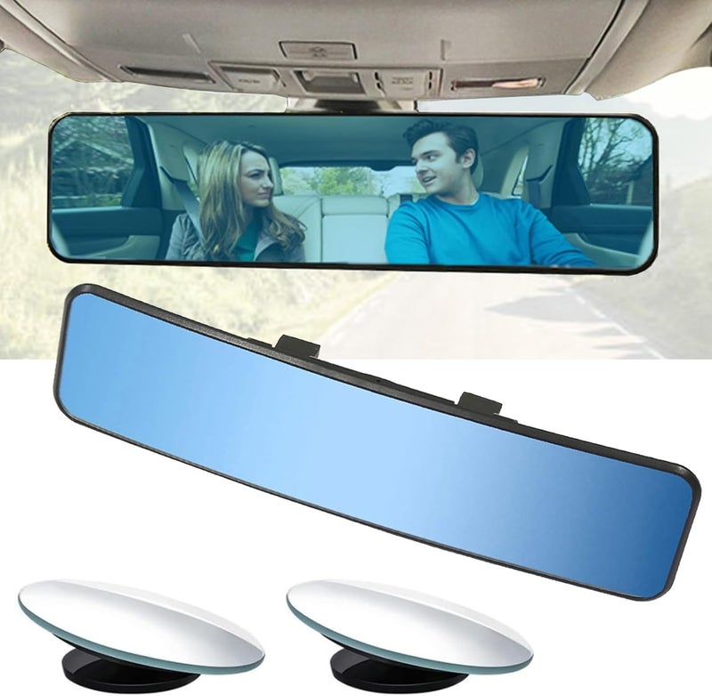 Kitbest Universal 114 Inch Clip On Rearview Mirror  Anti Glare Wide Angle  Convex  Blue Tint Bonus 2 PCS Blind Spot Mirrors - Image 1