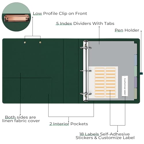 EYROZILL 3 Ring Binder 2 Inch, Binder for Letter Size (11" x 8.5") with 5 Tab Dividers, File Folder Labels and Low Profile Clipboards, Blackish Green - Image 2