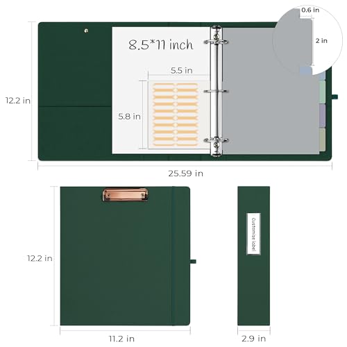 EYROZILL 3 Ring Binder 2 Inch, Binder for Letter Size (11" x 8.5") with 5 Tab Dividers, File Folder Labels and Low Profile Clipboards, Blackish Green - Image 5