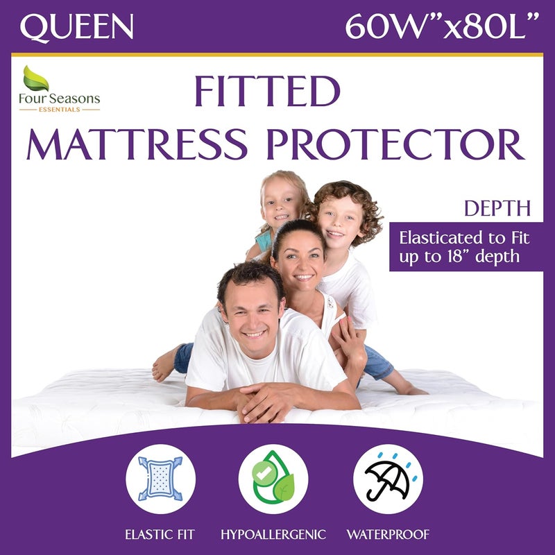 Four Seasons Essentials Queen Size Waterproof Mattress Protector - Fitted Sheet Mattress Cover with Deep Pockets - Hypoallergenic, Breathable, Water Proof, Noiseless, Vinyl Free - Image 1
