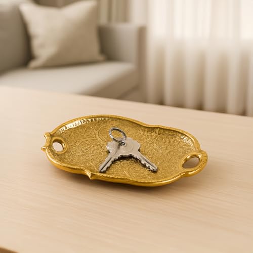 MARKET 99 Golden Decorative Serving Tray | Glossy Aluminium Embossed Platter for Home Décor & Table Setting | Designer Centerpiece Tray for Dining, Coffee Table, Festive & Housewarming Gifting - Image 1