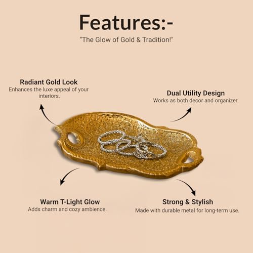MARKET 99 Golden Decorative Serving Tray | Glossy Aluminium Embossed Platter for Home Décor & Table Setting | Designer Centerpiece Tray for Dining, Coffee Table, Festive & Housewarming Gifting - Image 2