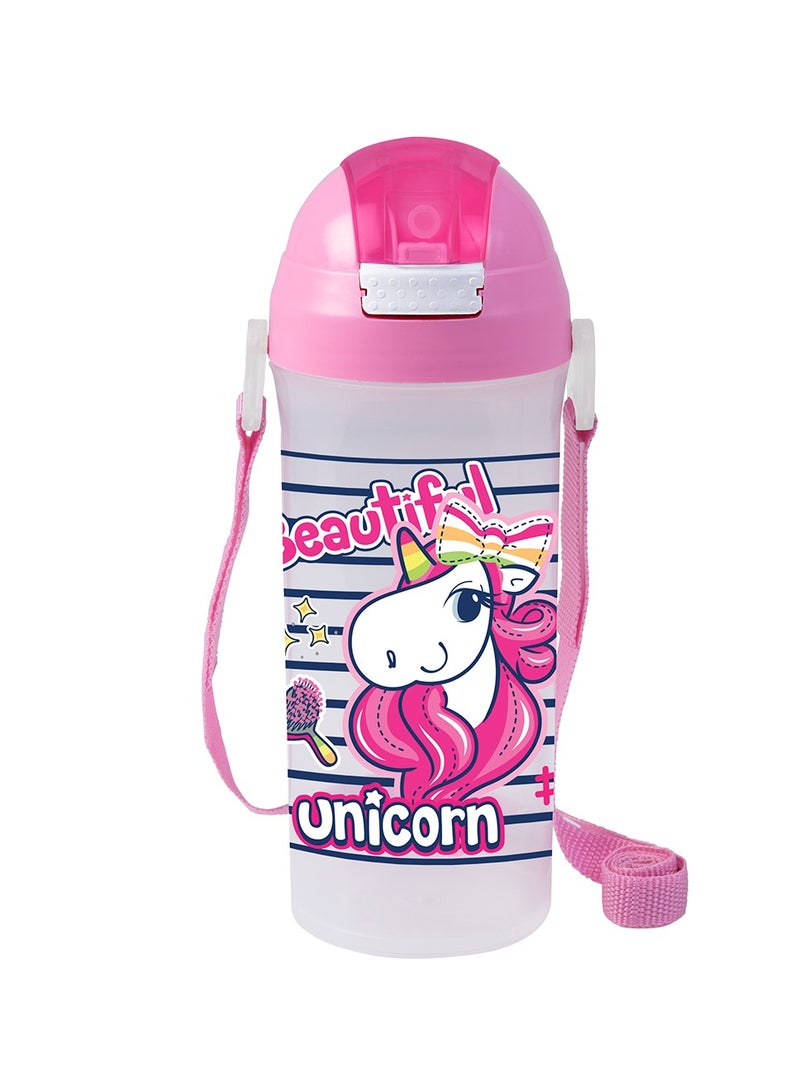 Herevin 610ml Unicorn Printed School Bottle with Straw - BPA-Free Kids Water Bottle Made of PP, TPE, Silicone & Steel, Pink - Image 1