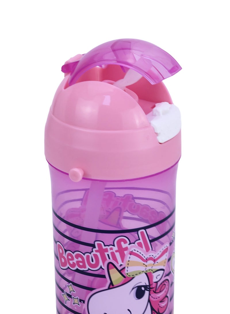 Herevin 610ml Unicorn Printed School Bottle with Straw - BPA-Free Kids Water Bottle Made of PP, TPE, Silicone & Steel, Pink - Image 4