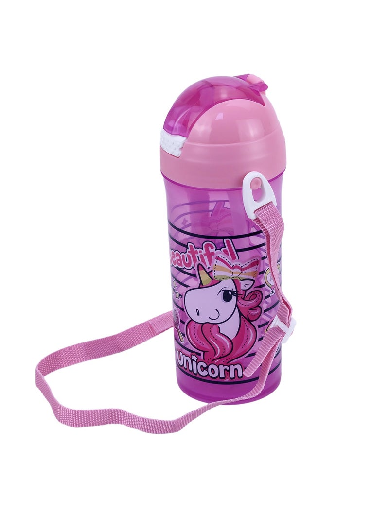 Herevin 610ml Unicorn Printed School Bottle with Straw - BPA-Free Kids Water Bottle Made of PP, TPE, Silicone & Steel, Pink - Image 3