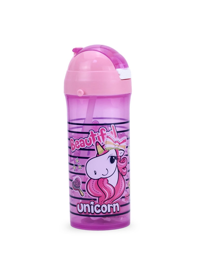 Herevin 610ml Unicorn Printed School Bottle with Straw - BPA-Free Kids Water Bottle Made of PP, TPE, Silicone & Steel, Pink - Image 2