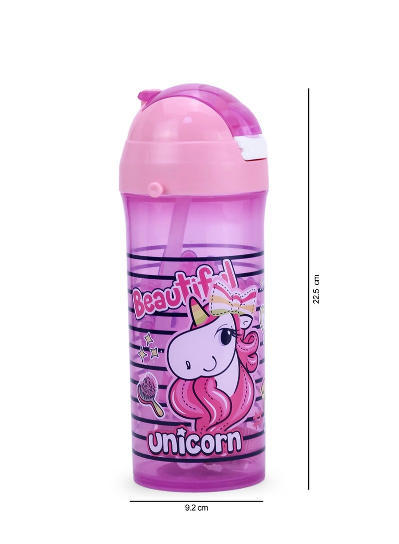 Herevin 610ml Unicorn Printed School Bottle with Straw - BPA-Free Kids Water Bottle Made of PP, TPE, Silicone & Steel, Pink - Image 5