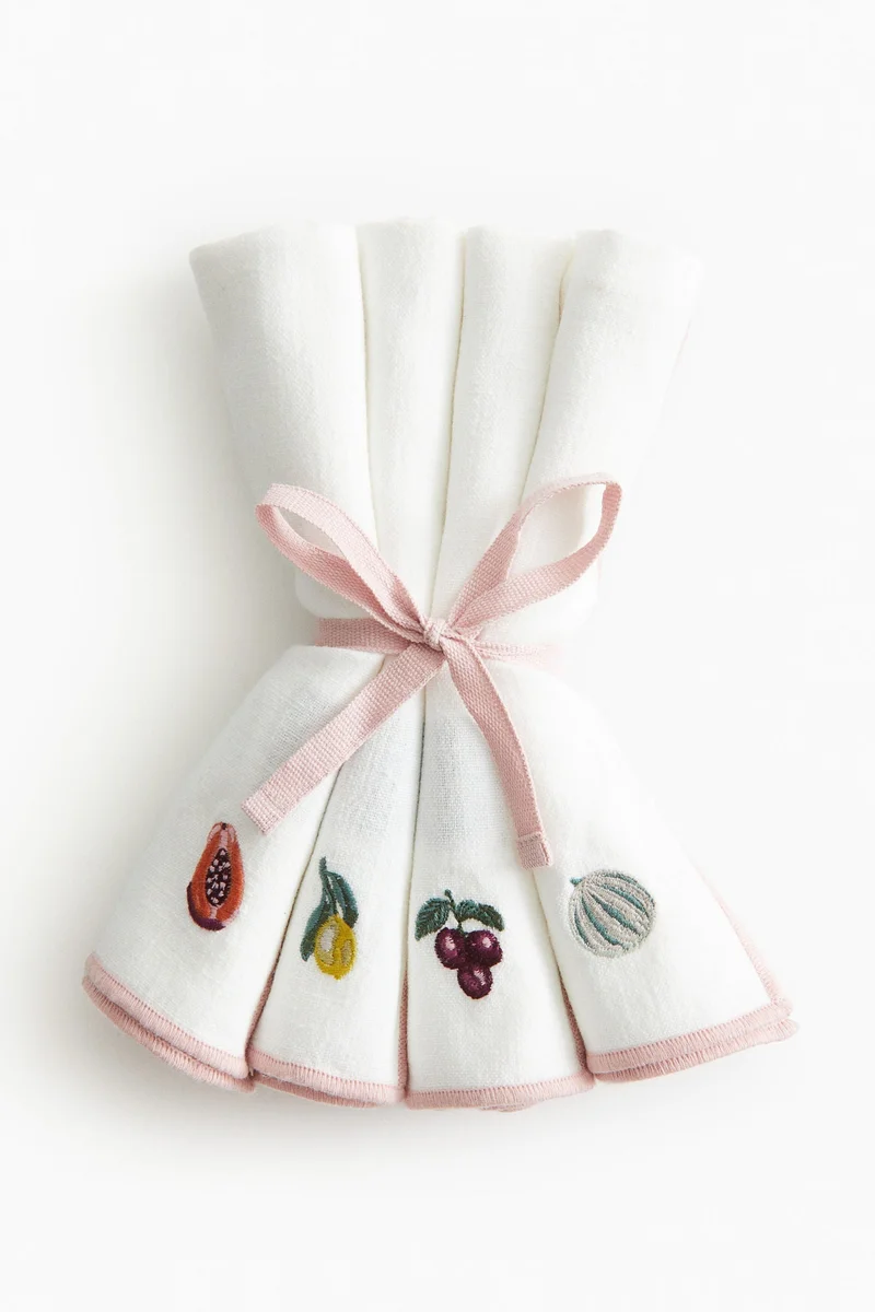 H&M 4-pack embroidered linen-blend napkins