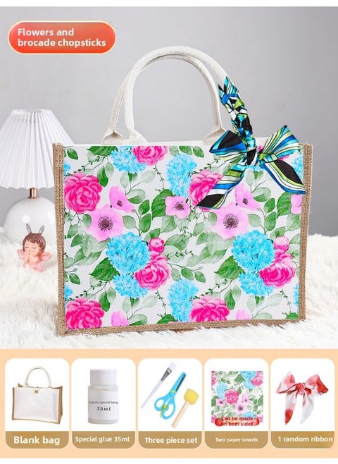 Butterfly Ancient Bart Material Bag Diy Mother's Day Canvas Bag Children's Handmade Creative Linen Bag Group Building Activity Gift-Color:Horizontal Style [flowery] Comes With A Full Set Of Tools + Detailed Tutorials