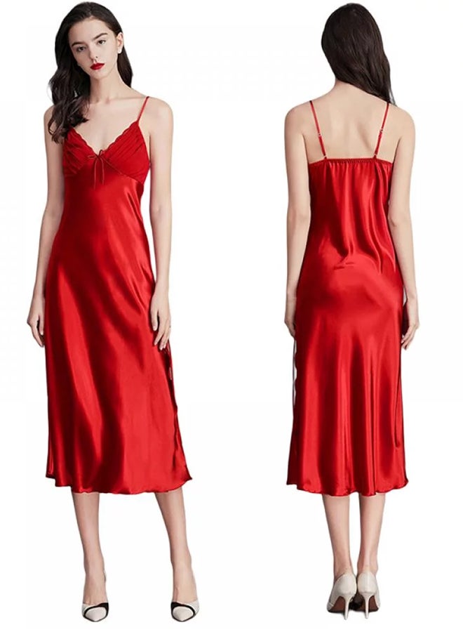 MARGOUN Women Nightdress Long Nightgown Artificial Silk Solid Color Deep-V Backless Sleepwear Nightie Nightwear Rubber Red  - Image 2